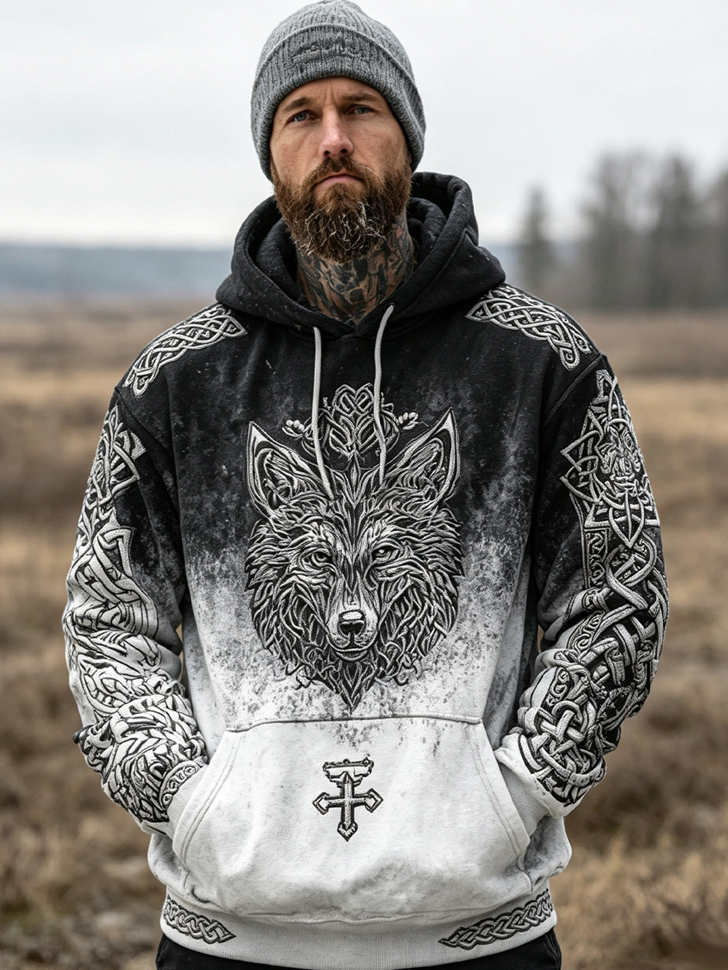 Miesten retro Viking susi pää kuvio painettu rento huppari