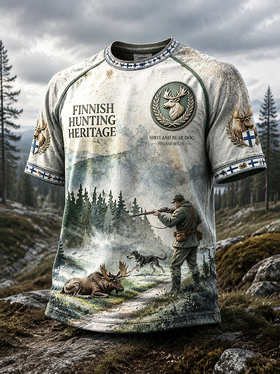 Miesten suomalainen hirvi metsästys Kausi Gradient Print Casual T-paito