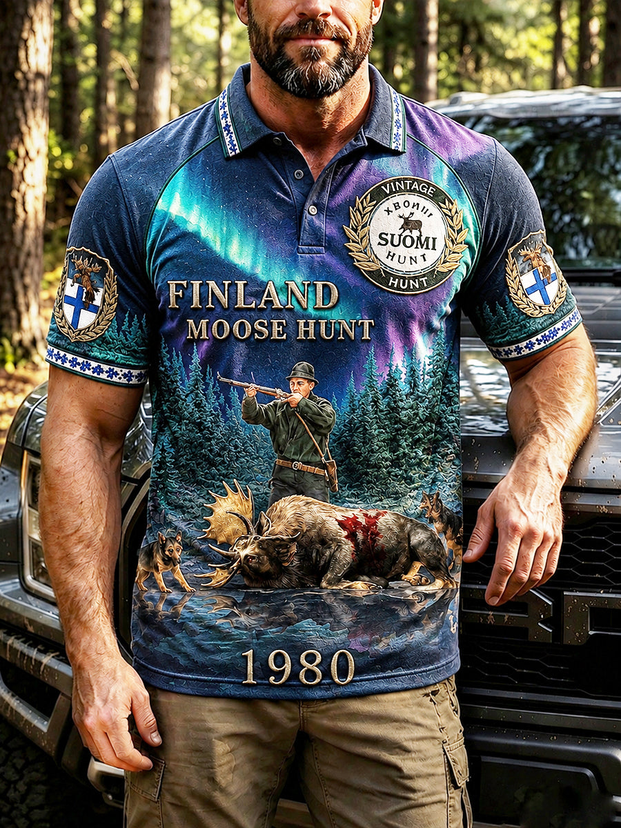 Miesten tumma sininen suomalainen hirvi metsästys kausi Print Casual Polo Paitata