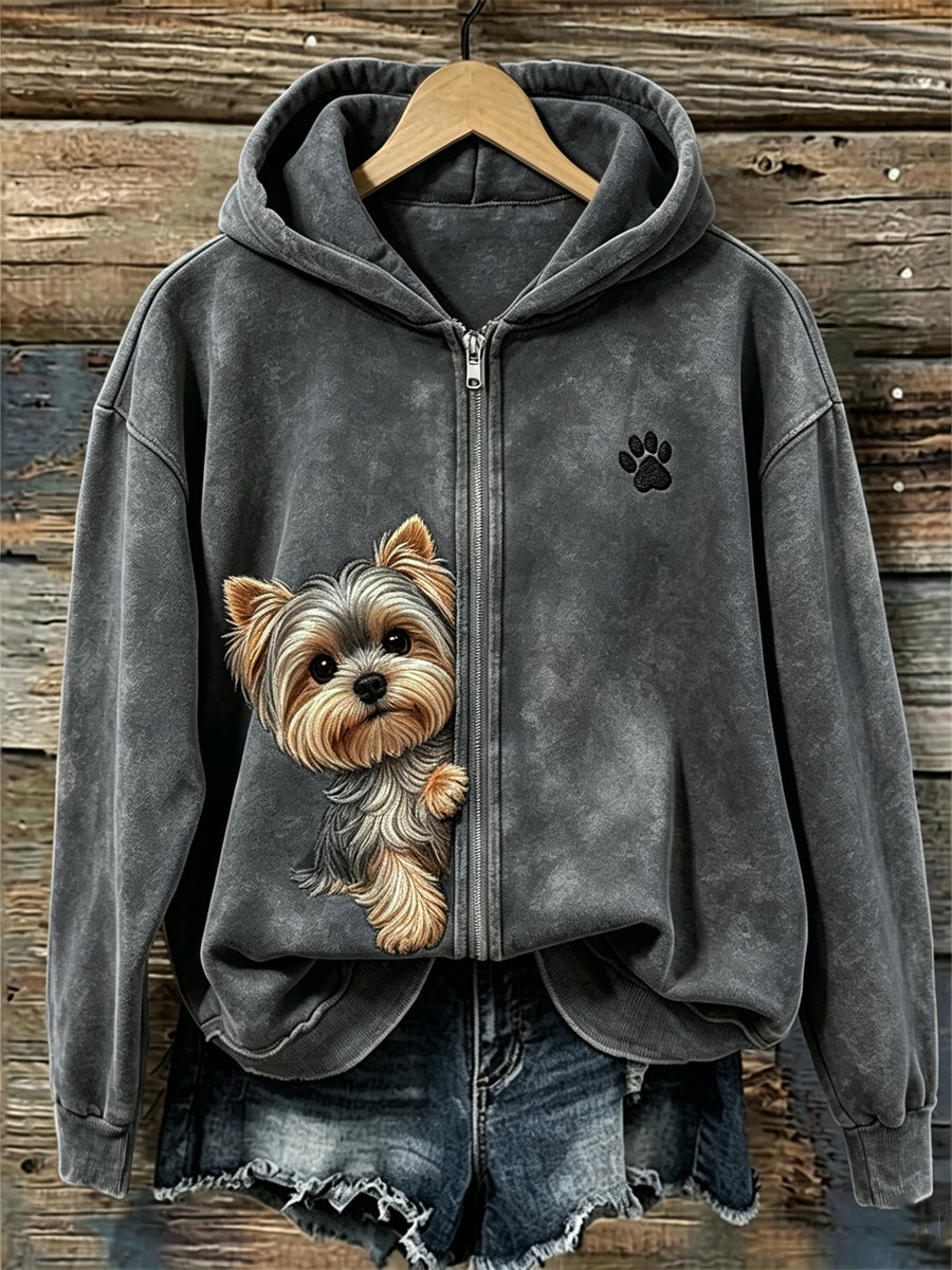 Naisten Peeking Yorkshire Koira & Puu tulosta täysi Zip Hoodie.