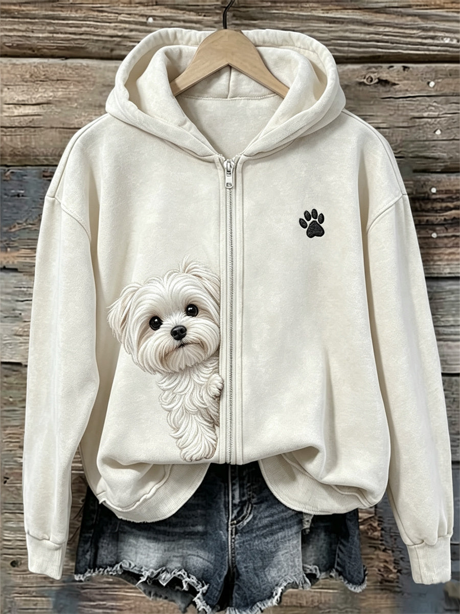 Naisten Peeking Maltan koira & Puu Print Full Zip Hoodies