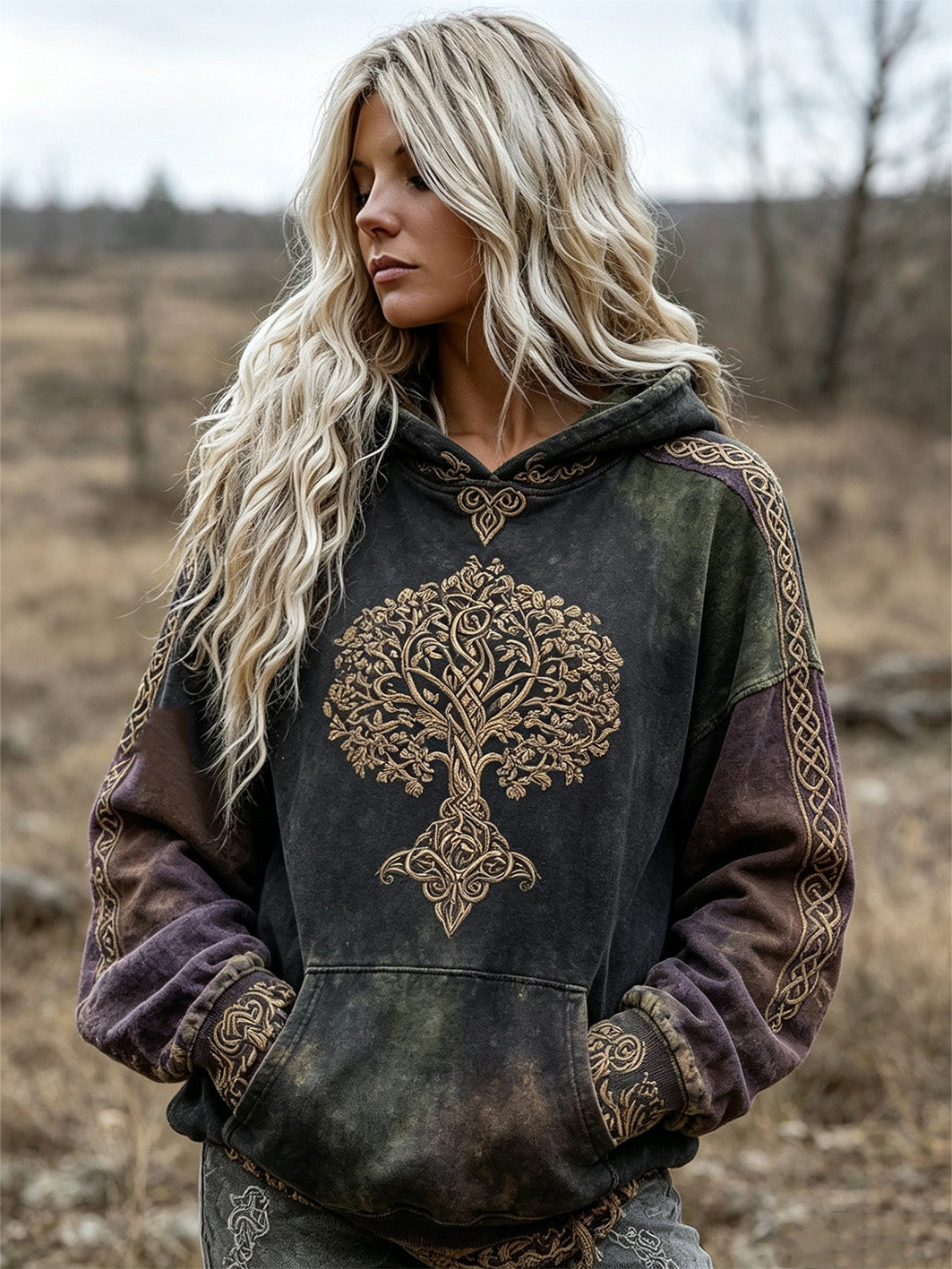 Naisten retro Viking Life Tree kuvio painettu rento villapaito