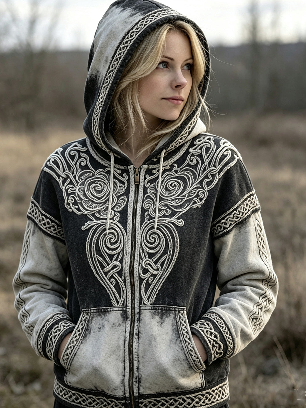 Naisten Retro Viking Celtic solmu kuvio painettu Casual Zip-Up Hoodie kuvio