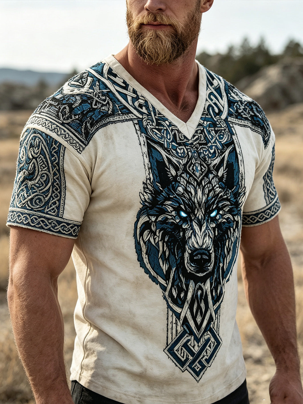 Miesten retro Viking susi pää kuvio painettu rento T-paito