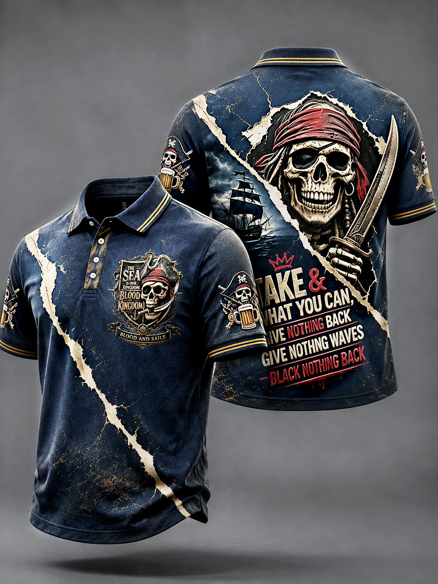 Miesten tumman sininen Pirate-teema Print Casual Polo Paidan