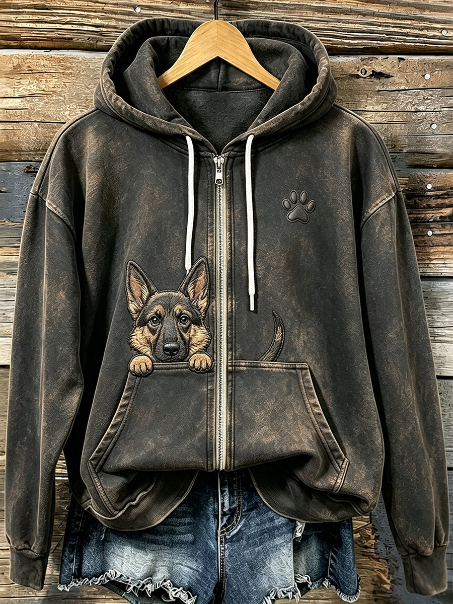 Naisten Söpö Peeking Saksanpaimenkoira Paw Print Cozy Zip-Up Hoodie.