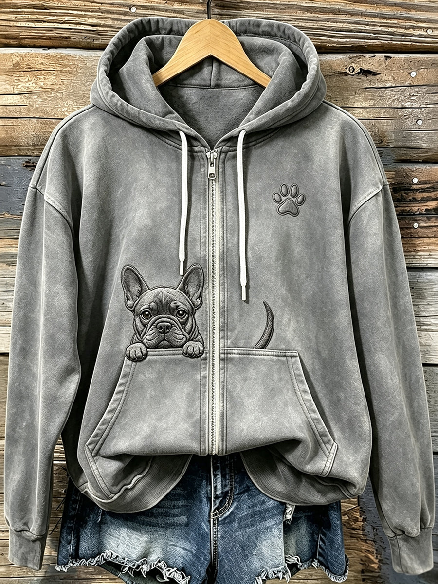 Naisten söpö Peeking ranskalainen Bulldog kanssa Tassu Print Cozy Zip-Up Hoodie.