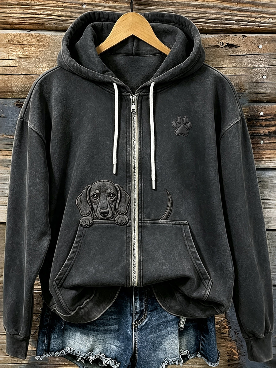 Naisten söpö Peeking Dach koekuvaa käppä tulosta Viihtyisä Zip-Up Hoodie.