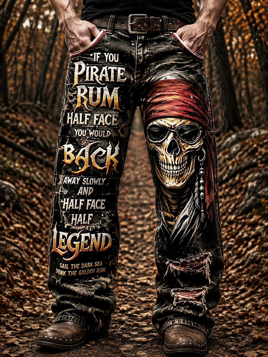 Miesten musta punk Pirate Retro-Print Casual housut
