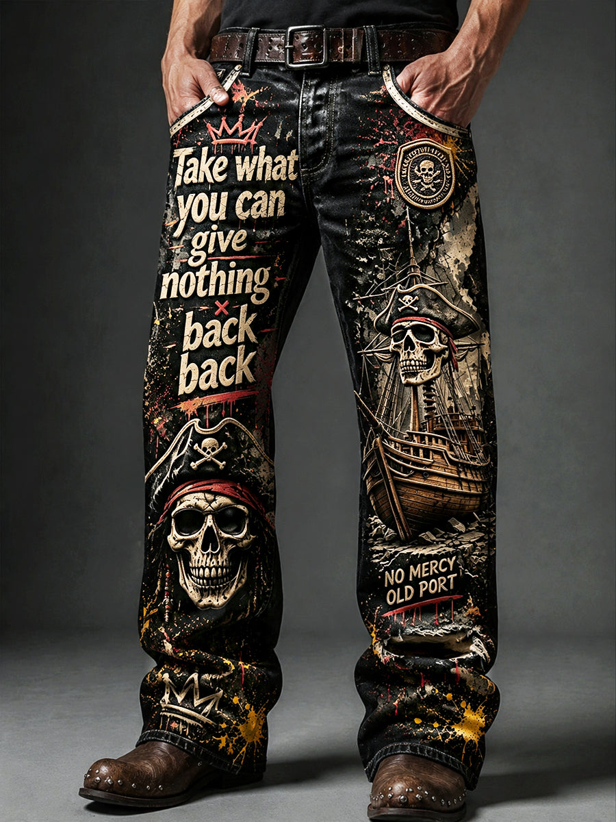Miesten Retro Musta Punk Pirate-Print Casual housut