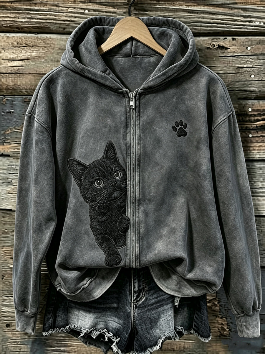 Naisten kurkistava musta kissa & Pussu tulostaa täysi Zip Cozy Huppari