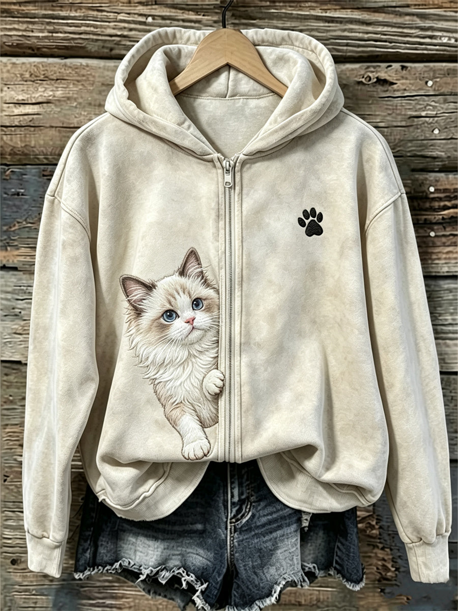 Naisten Peeking Ragdoll Kissa & Pussu Print Full Zip Cozy Huppari