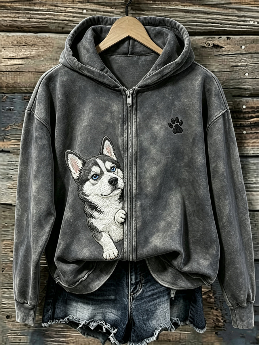 Naisten kurkistava Husky Dog & Tassu Print Full Zip Cozy Huppari
