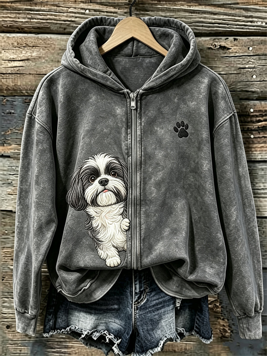 Naisten kurkistava Shih Tzu koira & Pussu tulosta täysi Zip Cozy Huppari