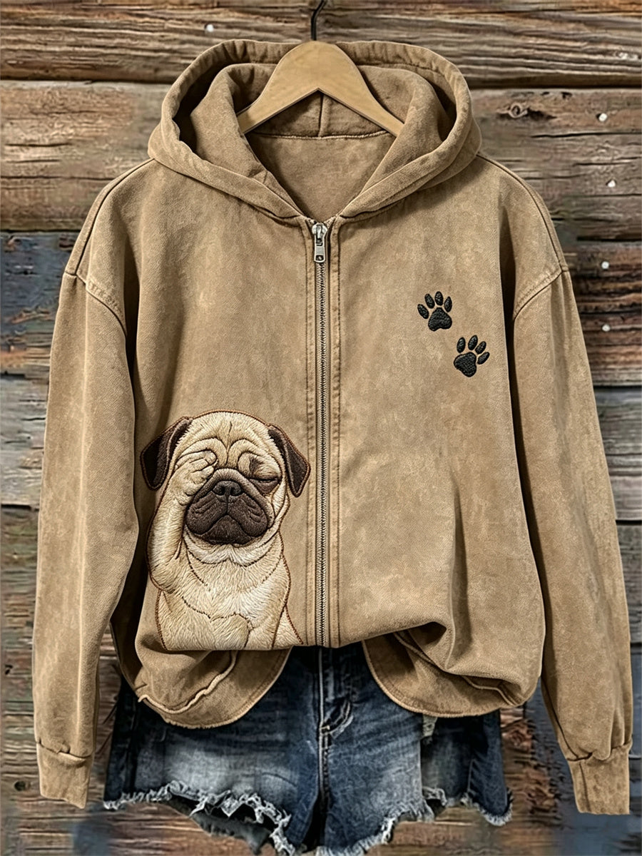 Naisten hauska avuton Pug koira & Puw tulostaa koko Zip Cozy Huppari
