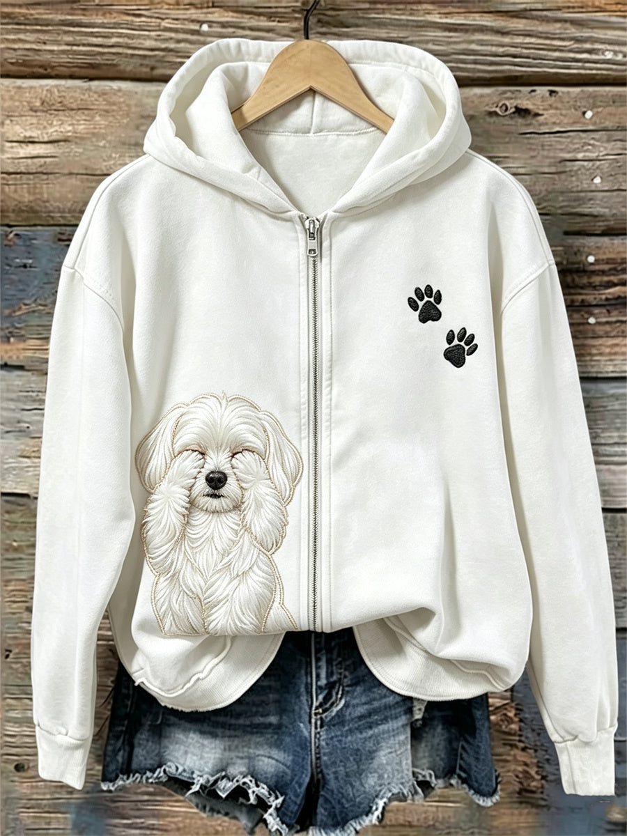 Naisten hauska avuton maltese koira & Pussu Print Full Zip Cozy Huppari