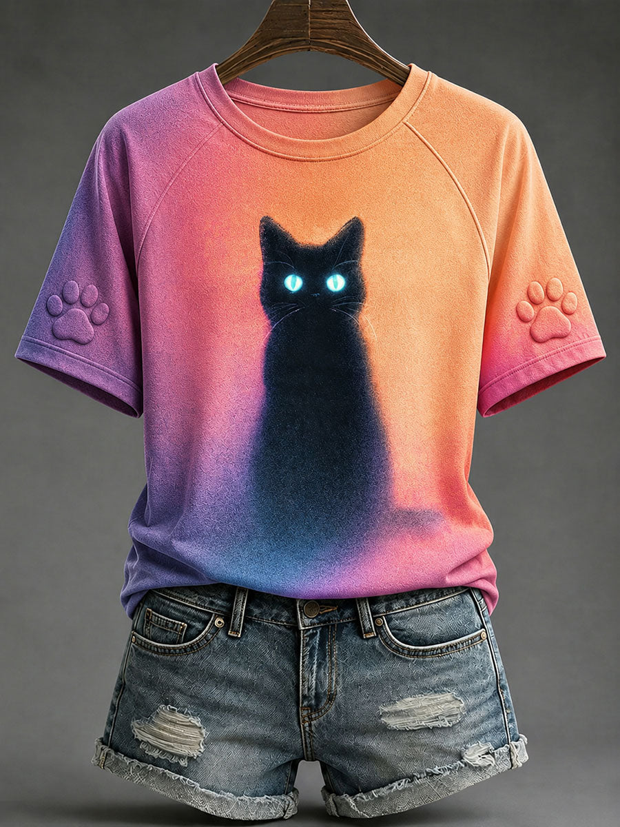 Naisten musta Cat Print Casual T-paitaa