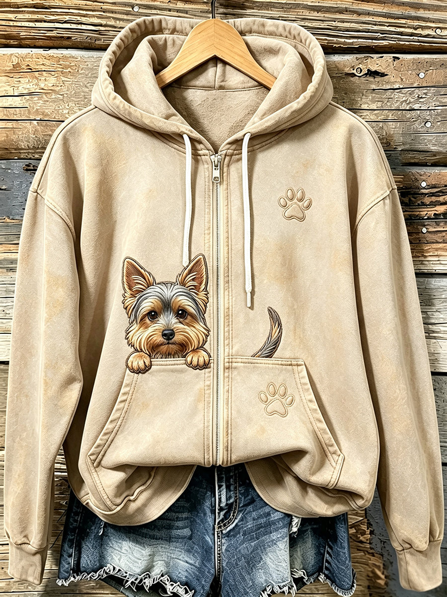 Naisten söpö Yorkie pentu käppä tulosta Cozy Zip-Up Hoodie.