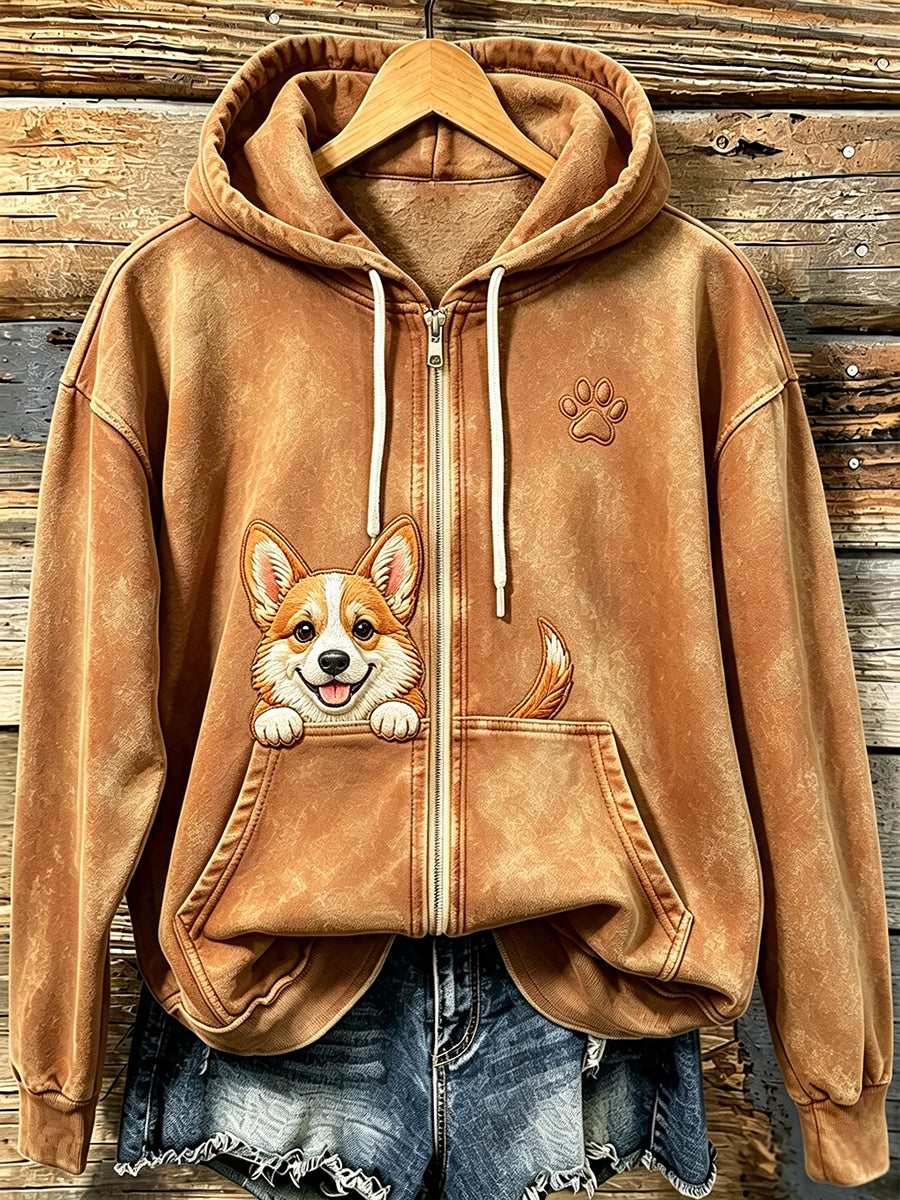 Naisten söpö Corgi kanssa tassa tulosta Zip-Up Cozy Huppari