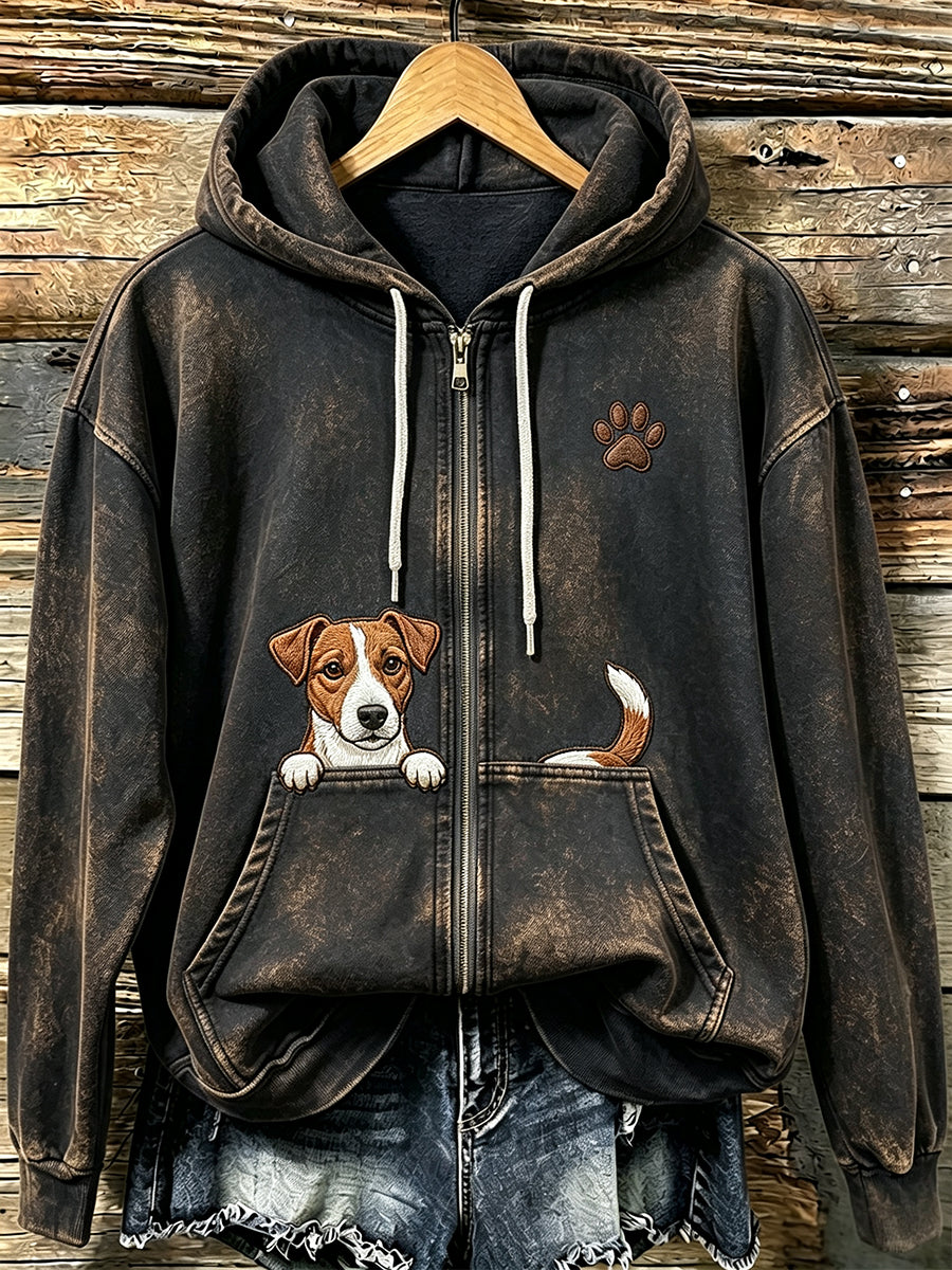 Naisten Jack Russell Terrier & Pussu Tulosta Vintage Cozy Zip-Up Hoodie