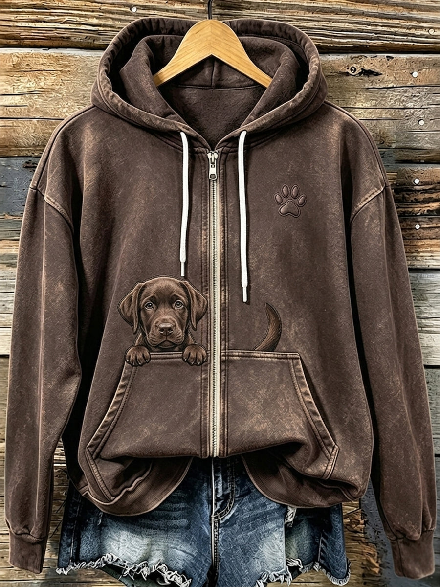 Naisten suklaa Labrador & Puw Print Cozy Zip-Up Huppari