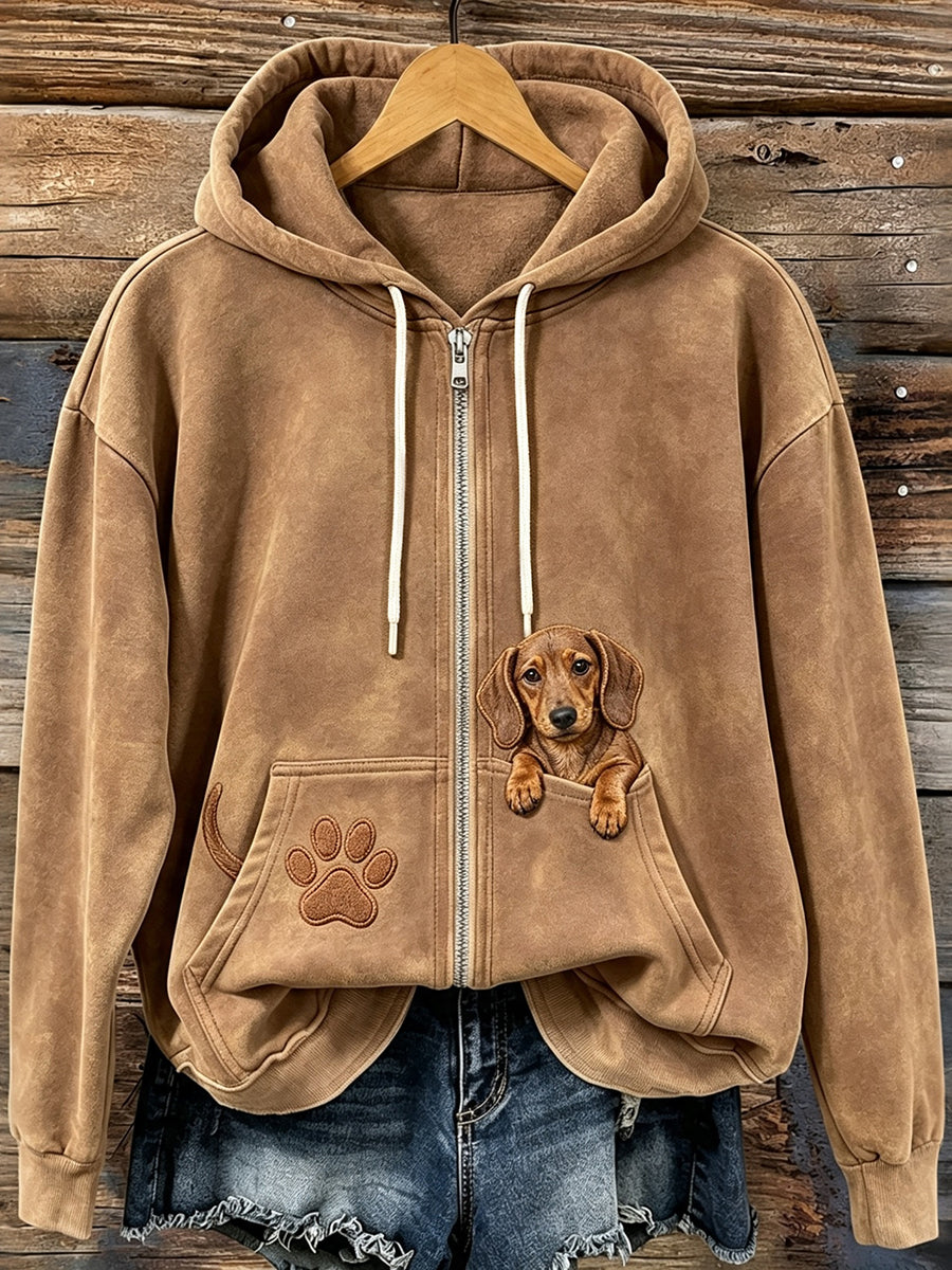 Naisten söpö Peeking koira Print Zip-Up Hoodie Print