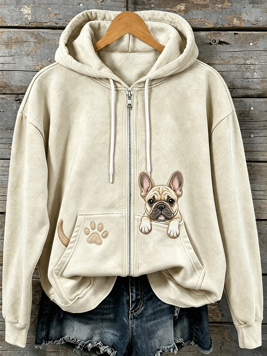 Naisten söpö tirkistävä ranskalainen Bulldog tulosta Zip-Up Hoodie.