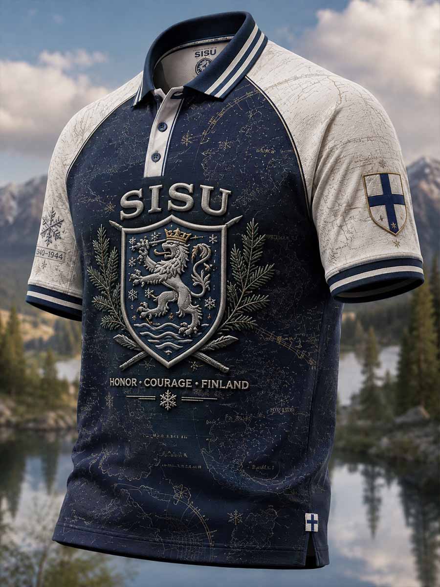 Miesten suomalainen veteraanien Sisu-hengen perintöä kuvaava printtipolopaita