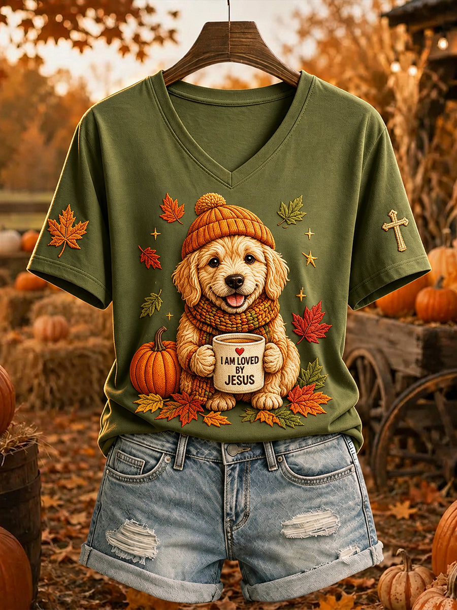 Naisten Jeesus rakastaa Golden Retriever Fall Leaves Tulosta Short-sleeved T-paito