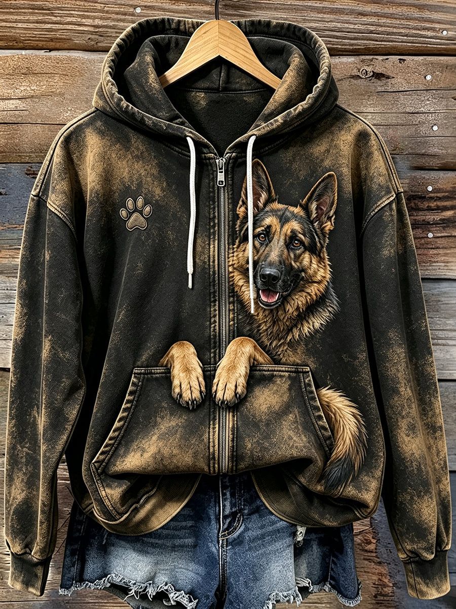 Naisten Söpö Peeking Saksanpaimenkoira & Pussu Tulosta Viihtyisä Zip-Up Hoodie