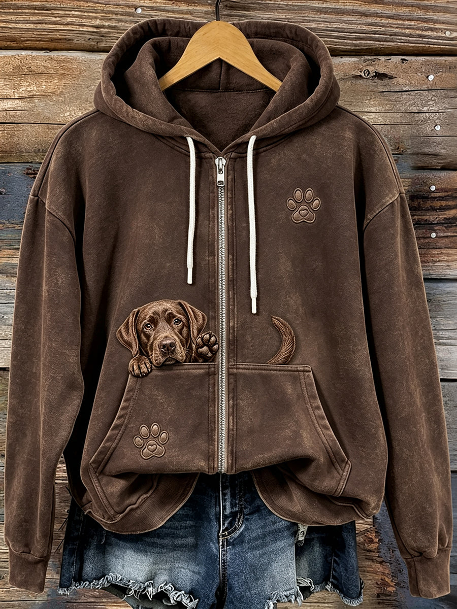 Naisten söpö Peeking suklaa Labrador Retriever & Puw tulosta Zip-Up Hoodie.