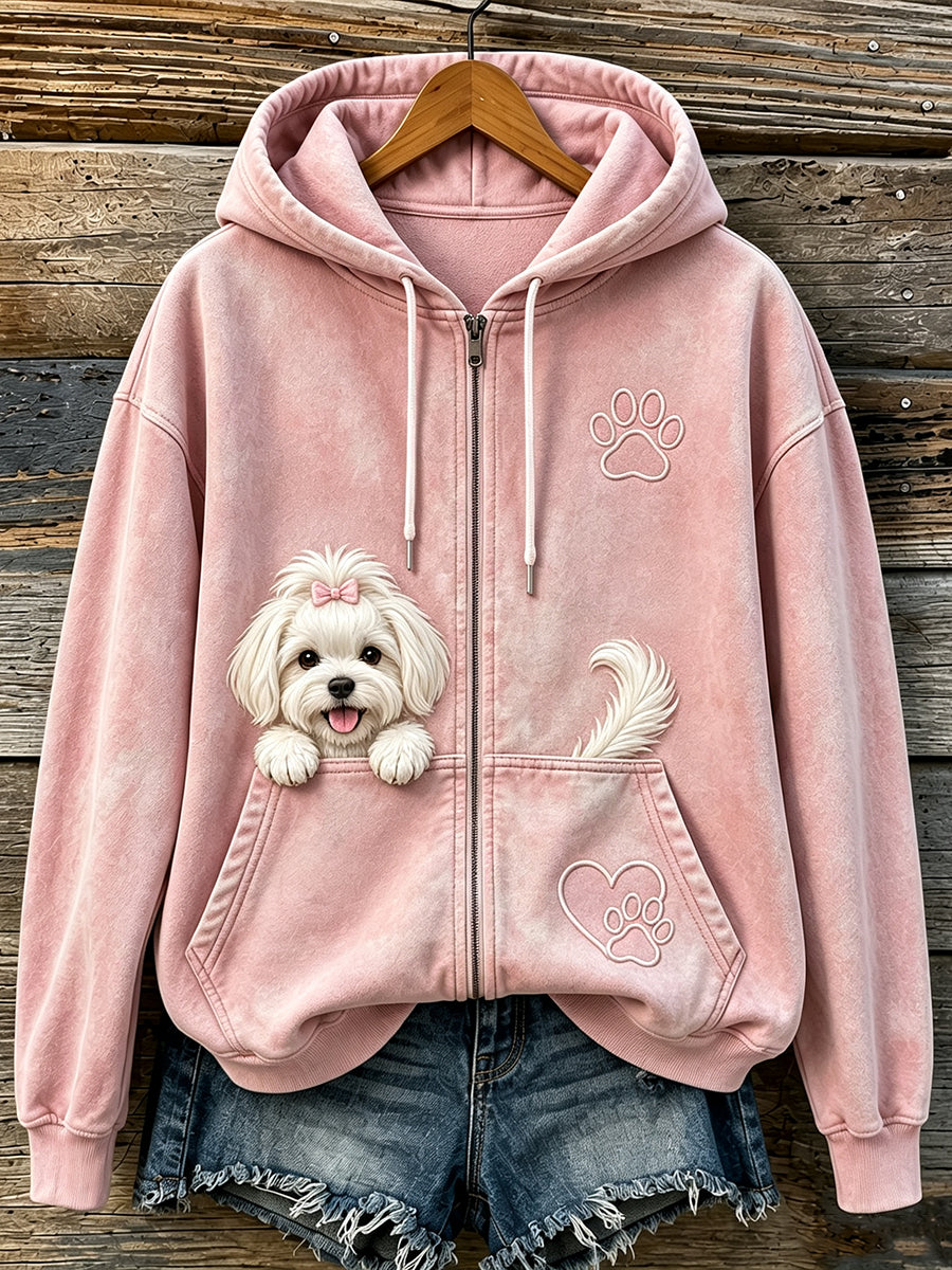 Naisten ihana Peeking Malta & Puw Print Cozy Zip-Up Hoodie Print