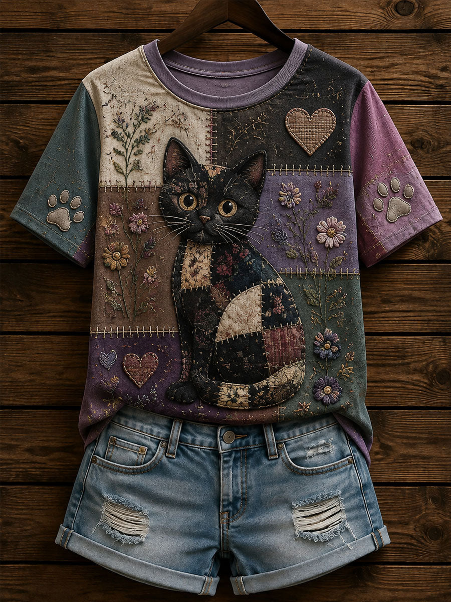 Naisten patchwork Floral Cat Print Casual Short-Sleeved T-paita