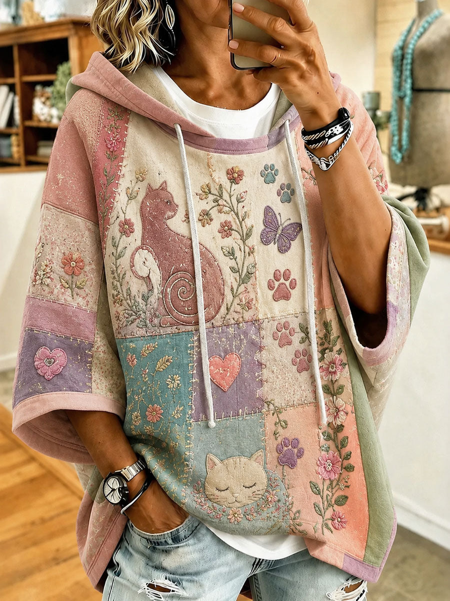 Naisten söpö patchwork Cat-Print Casual Hoodie.