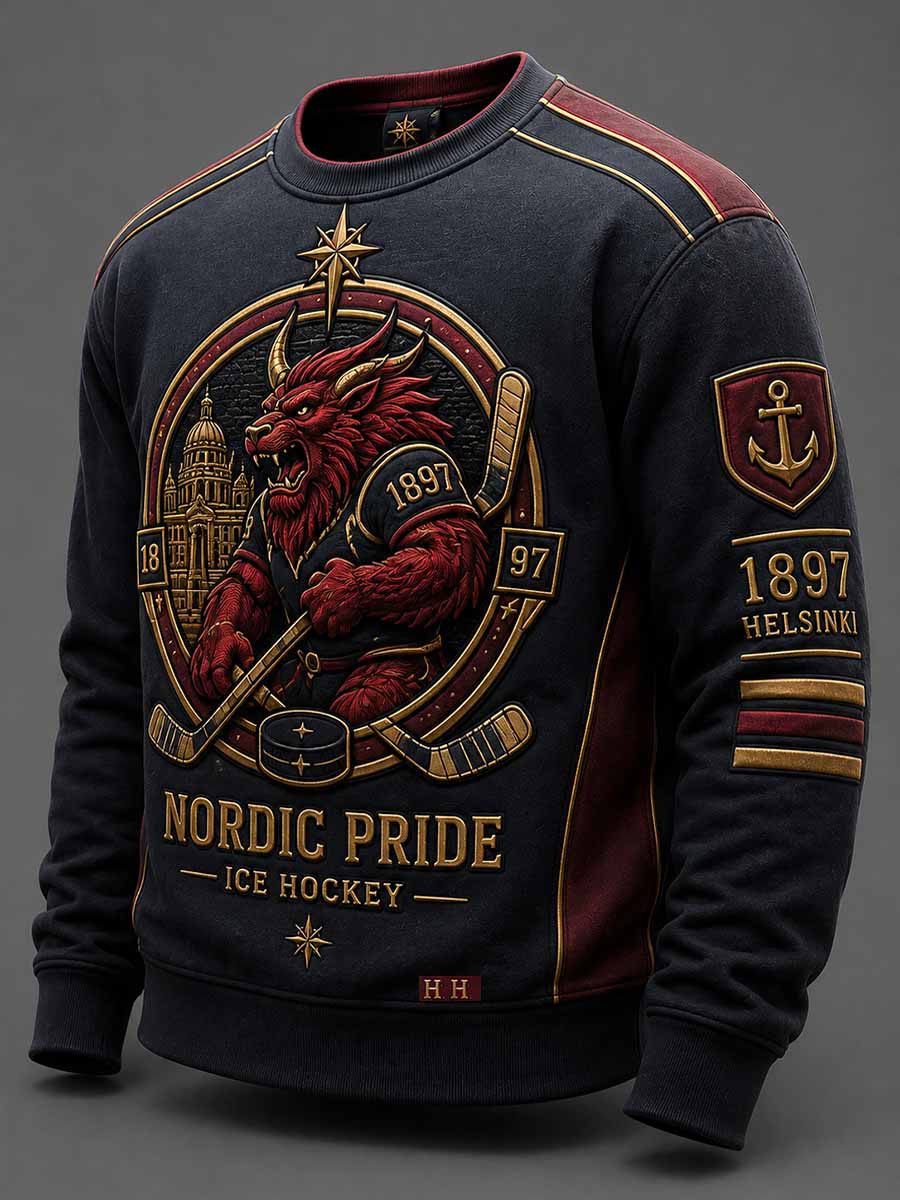 Miesten retro 1897 HIFK-jääkiekkojoukkueen painokuvioitu collegepaita