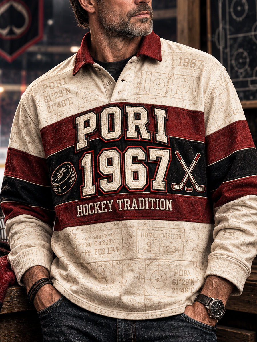 Miesten Retro Porin Ässät Suomen jääkiekko Rakastaja Pitkähiha Polopaita