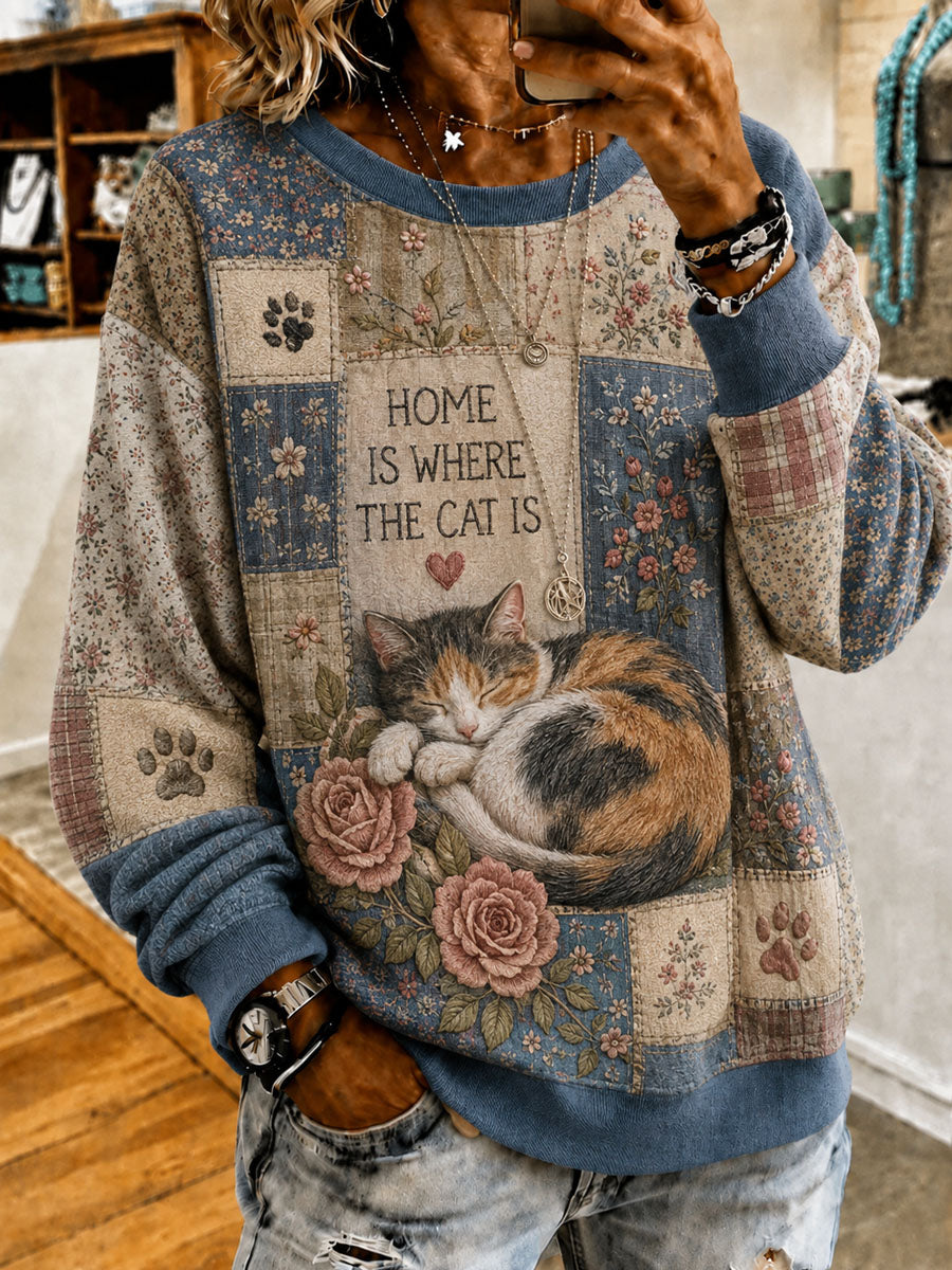 Naisten söpö patchwork Cat Print Casual Sweatshirt