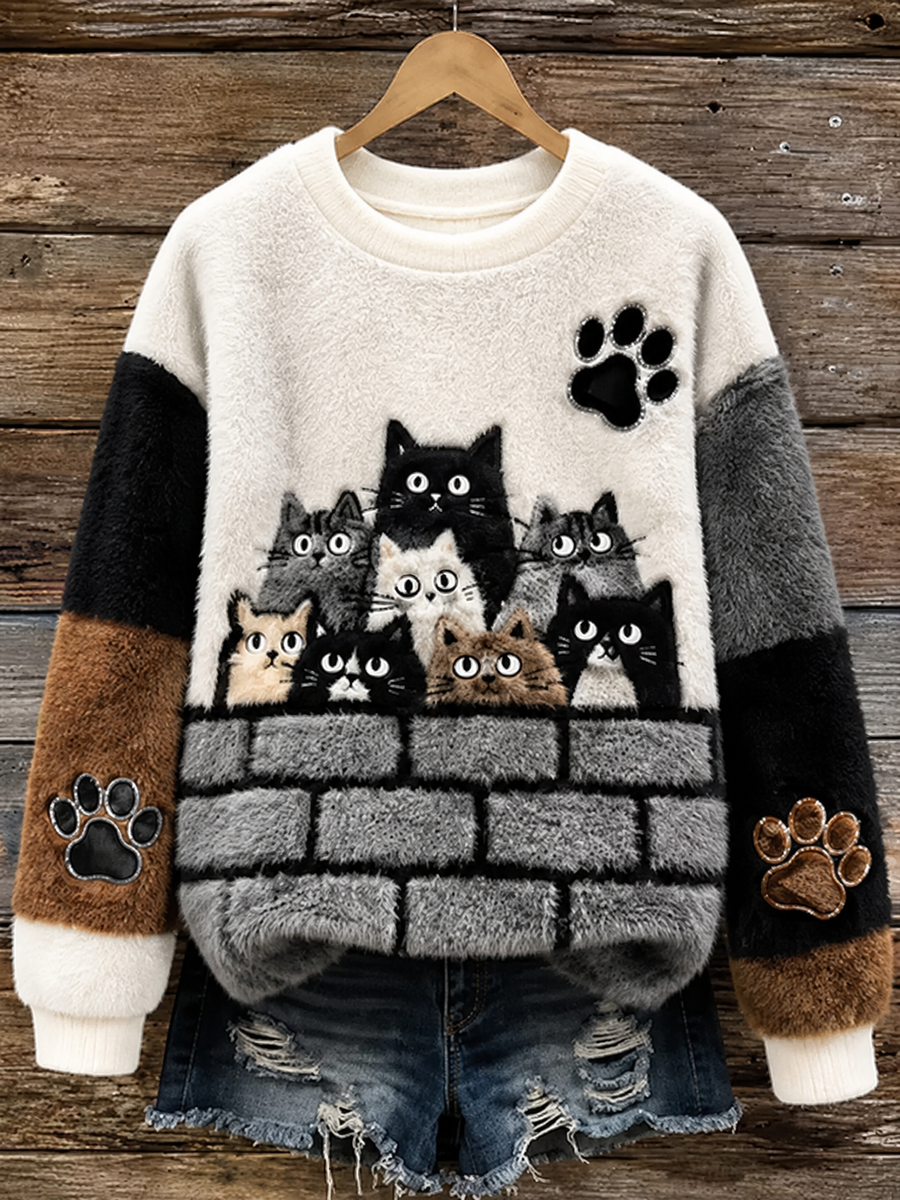 Naisten söpö kissa painettu Flannel Hoodie.