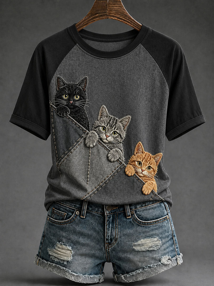 Naisten Funny Cute Cate pyöreä kaula lyhythiha T-paita