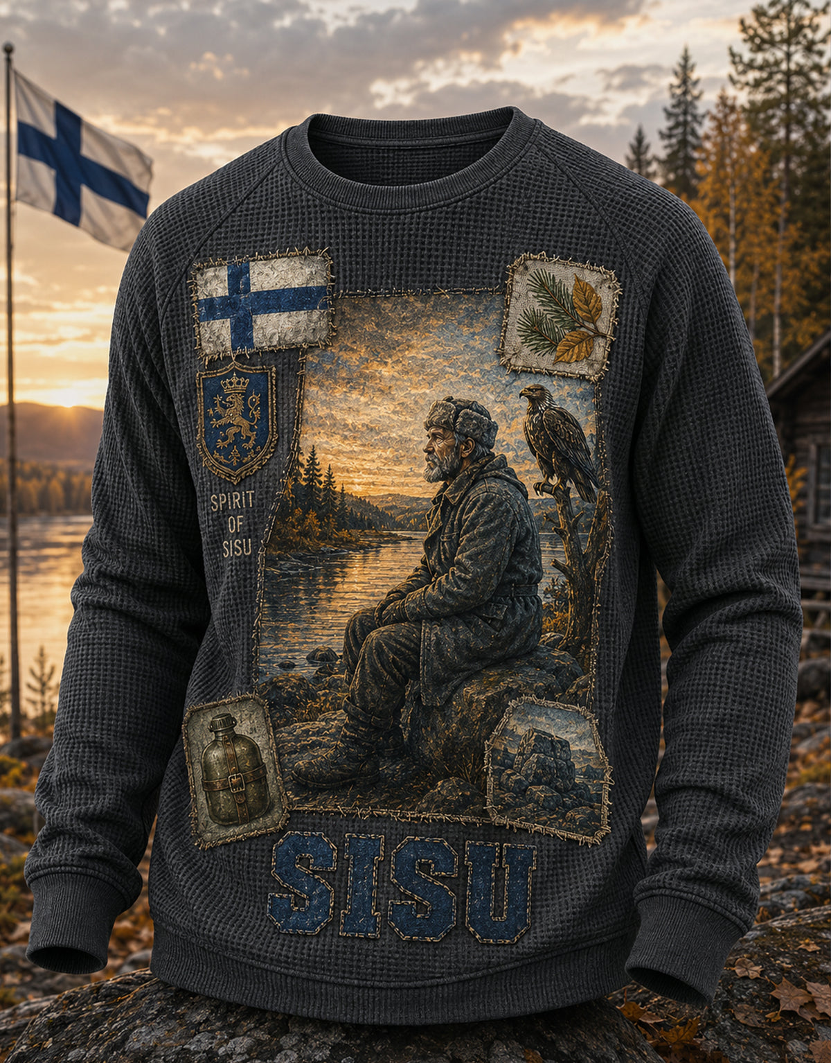 Miesten suomalainen veteraani Sisu vohveli pitkähihaa