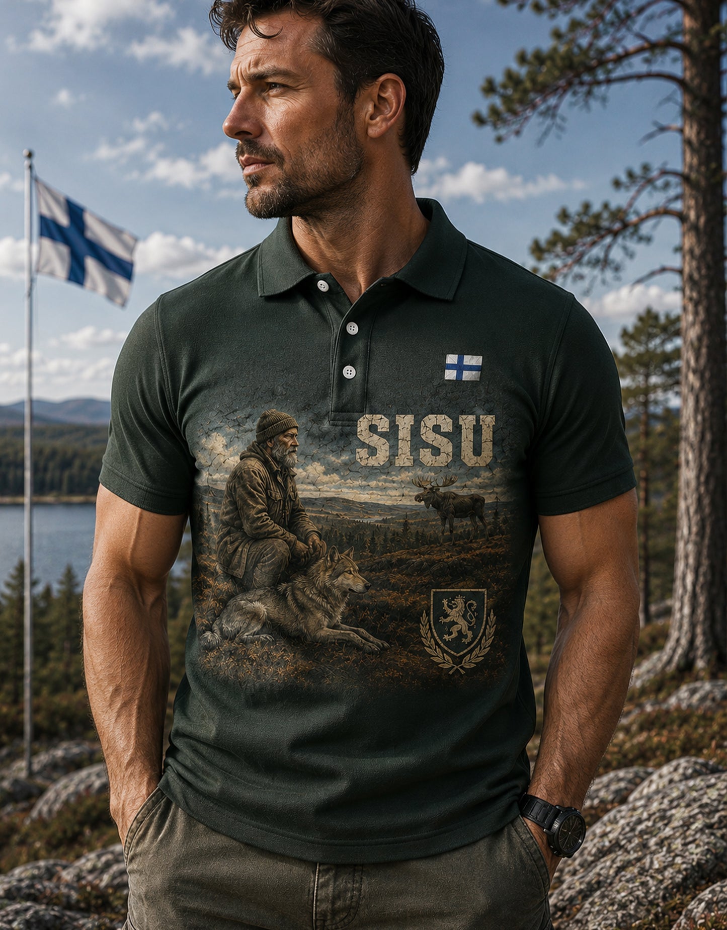 Miesten suomalainen veteraanisisu-pikkuhihainen poolopaita