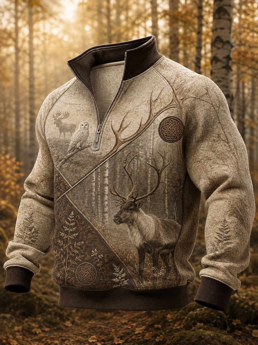 Retro Nordic Art Print Casual Mukava Zip-Up Sweatshirti