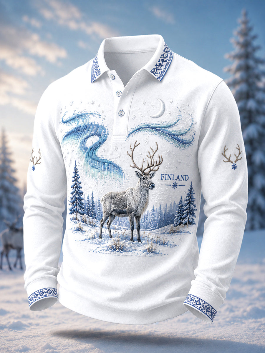 Miesten pohjoismainen poroperintö Tulosta Casual Long Sleeve Polo