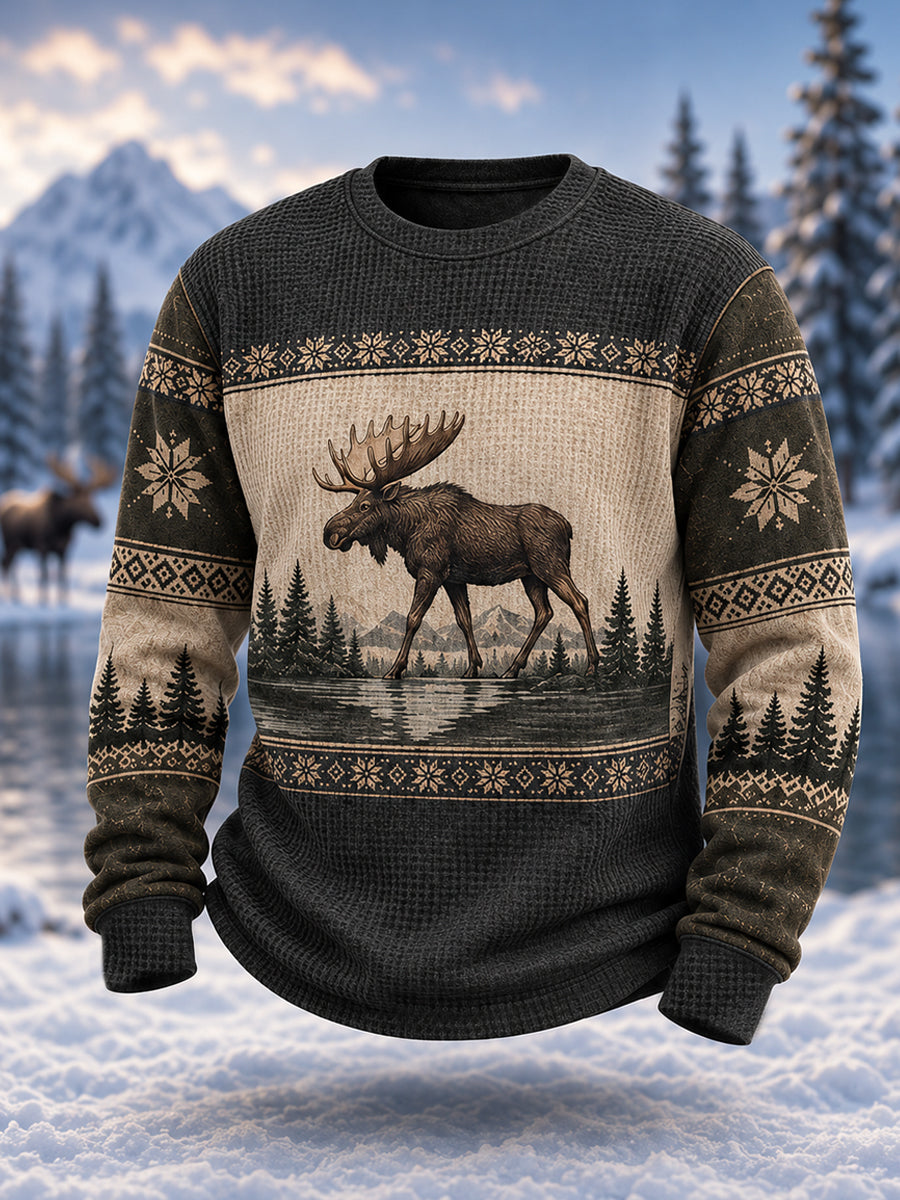 Miesten talvi Moose Print Casual Waffle Sweatshirt