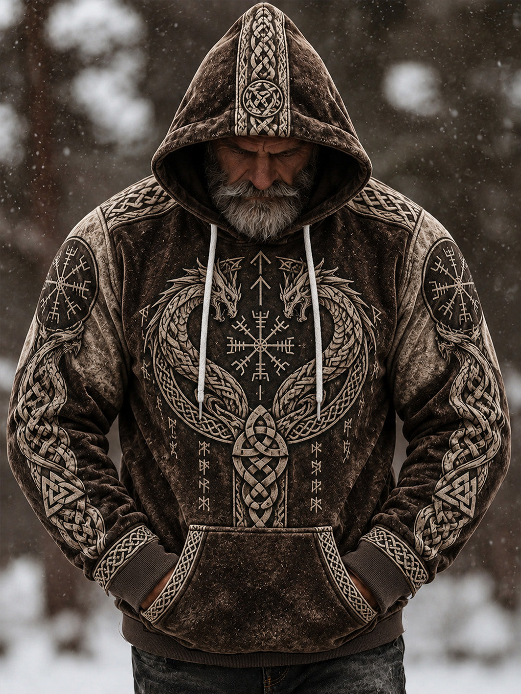Miesten retro Viking tyylinen kuvio painettu rento flanelli huppari
