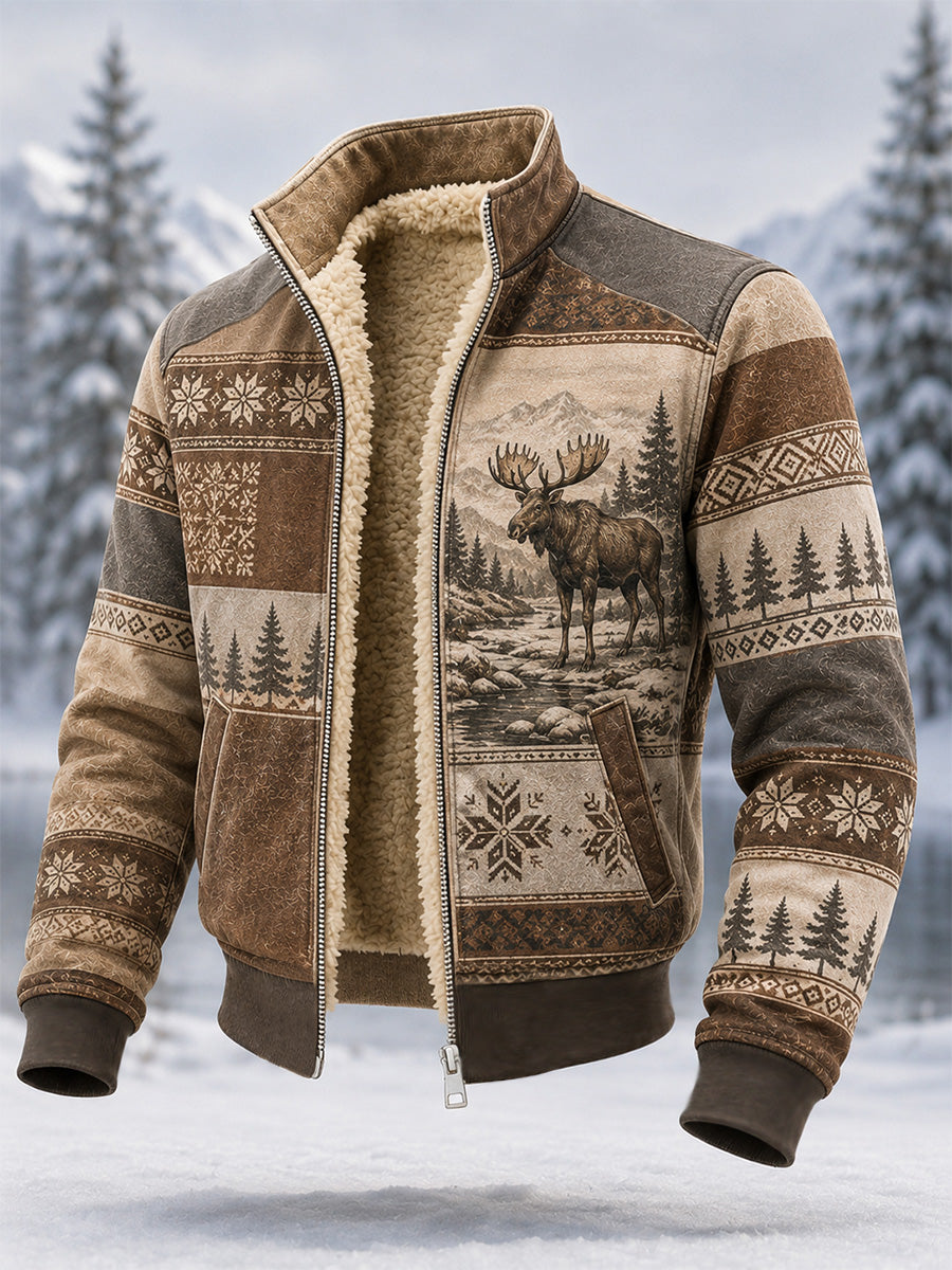 Miesten talvi Moose Print Casual Composite Fleece Takki