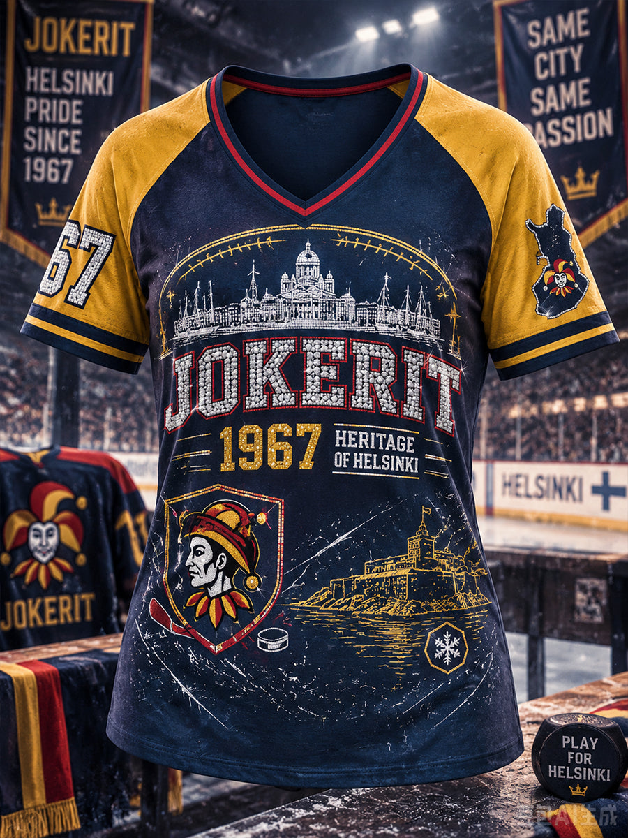 Naisten Suomen jääkiekko Jokerit V-kaula Lyhyhiha T-paiti