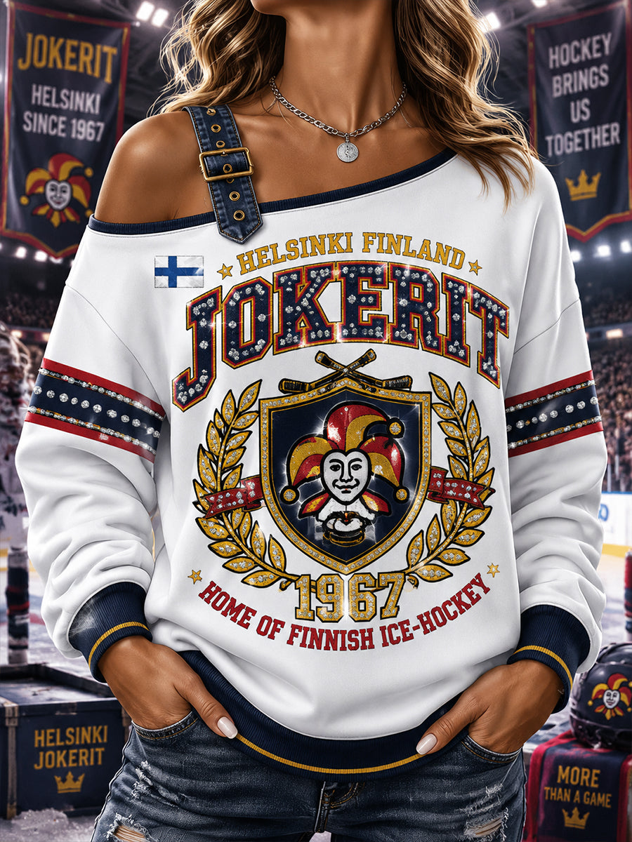 Naisten kotimainen jääkiekko Jokerit Pitkähihaa Off-Shoulder Sweatshirt