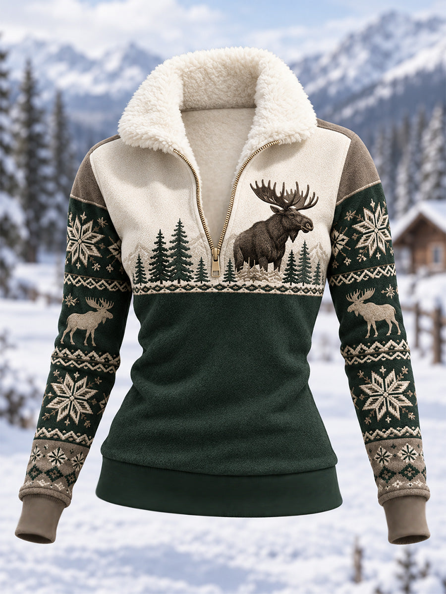 Naisten talvi Moose Print Casual Composite Fleece Huppari