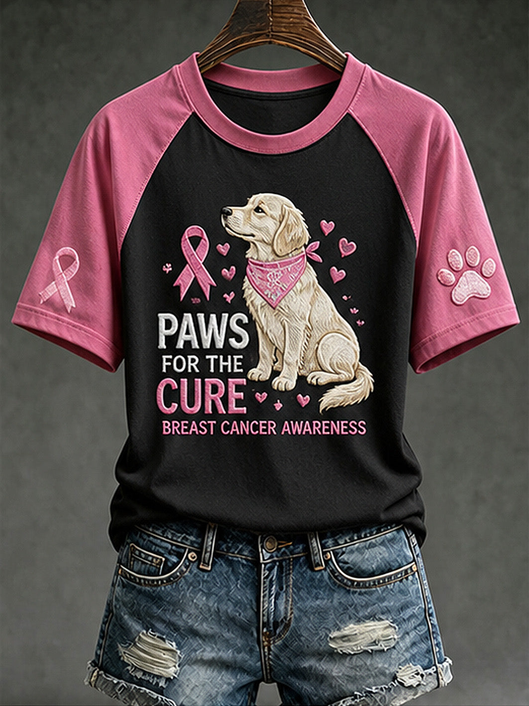 Naisten Paws For The Cure -sloganin ihanalla koirakuvalla painettu lyhythihainen t-paita
